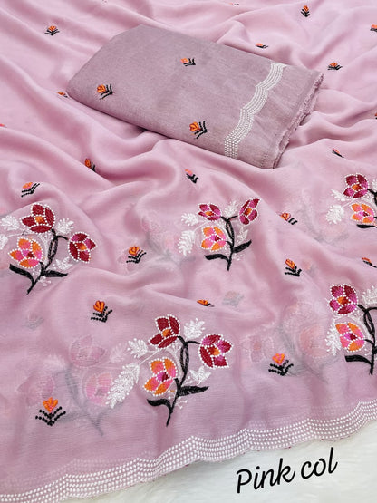 Pure soft  Chiffon sarees with amazing multi thread  work