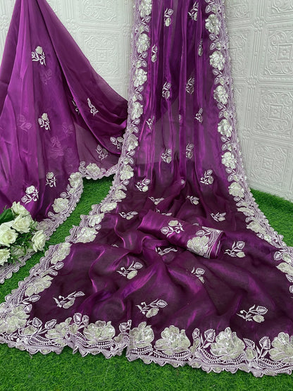 Pure soft zimmy choo  silk sarees with amazing white thread & sequence  zari work
