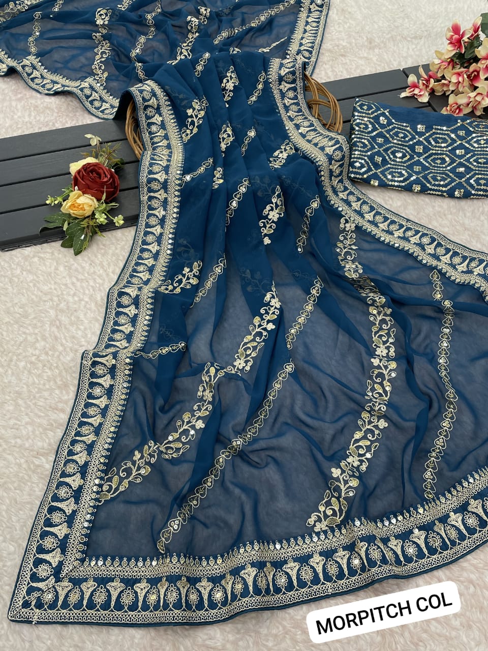 Pure  soft GEORGETTE sarees with amazing CODING SEQUENCE ZARI EMBROIEDRY work