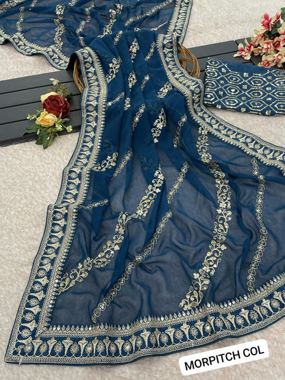 Pure  soft GEORGETTE sarees with amazing CODING SEQUENCE ZARI EMBROIEDRY work