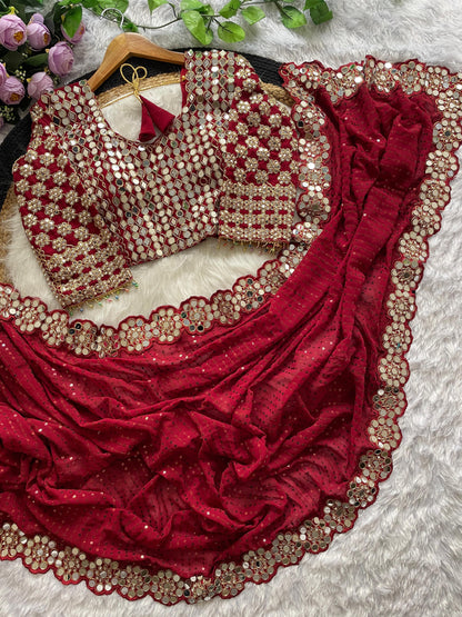 New Bollywood Blockbuster Original Mirror Work Faux Georgette Saree – DF 3429