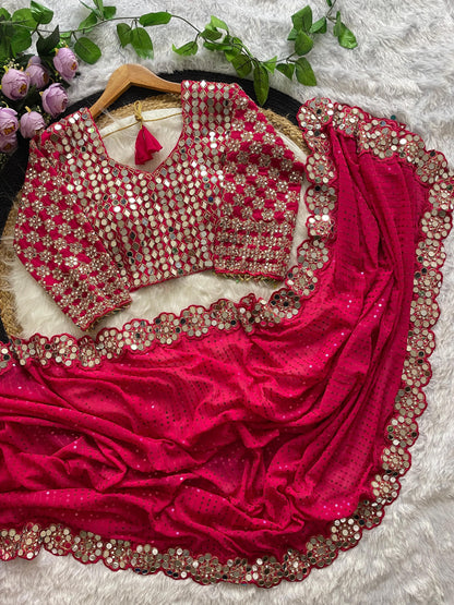 New Bollywood Blockbuster Original Mirror Work Faux Georgette Saree – DF 3429