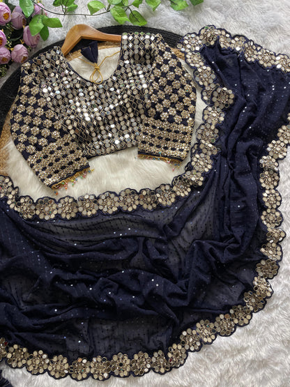 New Bollywood Blockbuster Original Mirror Work Faux Georgette Saree – DF 3429