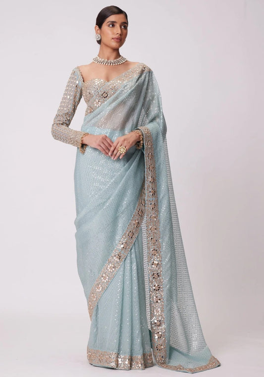New Bollywood Blockbuster Original Mirror Work Faux Georgette Saree – DF 3431