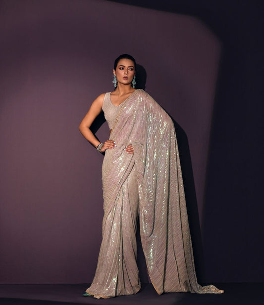 Bollywood Designer Sequin Saree – Rainbow 5MM Work | Georgette Fabric | DF 3416