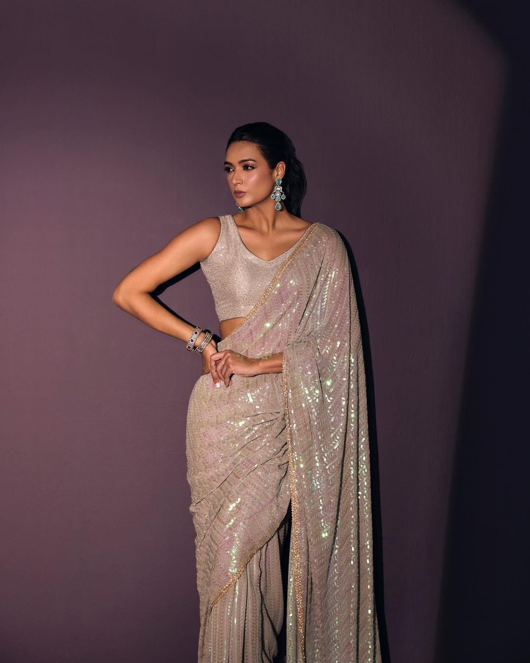 Bollywood Designer Sequin Saree – Rainbow 5MM Work | Georgette Fabric | DF 3416
