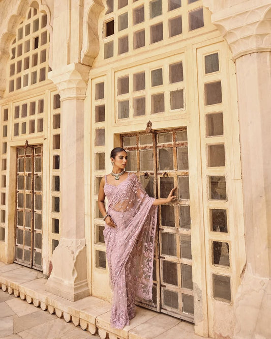 Bollywood Blockbuster Net Saree – Heavy Multi & Sequin Embroidery with Glass Tassels | DF 3435