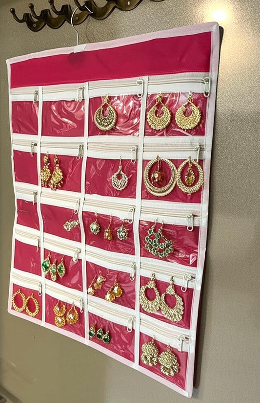 Non Woven 20 Pockets Hanging Jewellery Organizer with Hanger – Pink & White ( 3 Pieces )