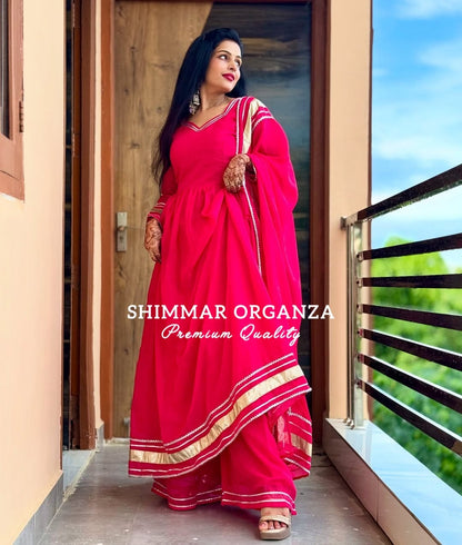 Soft & Premium Shimmer Organza Plazzo Set In Cherry Pink