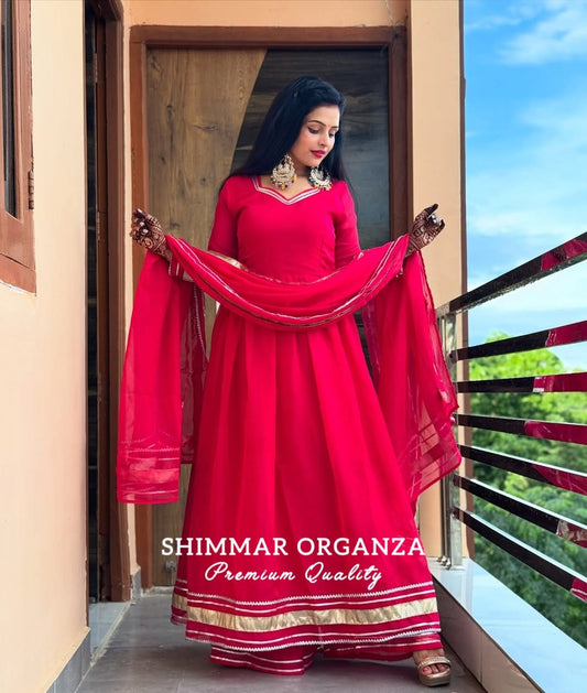 Soft & Premium Shimmer Organza Plazzo Set In Cherry Pink
