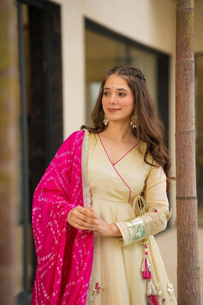 Purely Handmade Anarkali Plazzo Set & Bandhani Dupatta For A Royal Festive Look