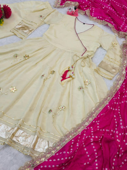 Purely Handmade Anarkali Plazzo Set & Bandhani Dupatta For A Royal Festive Look