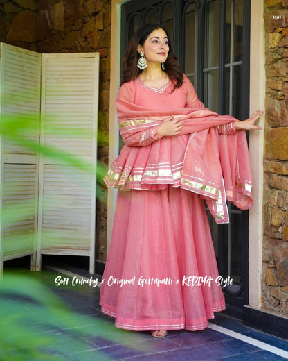 Shimmering Petal Suit Set With Eye  Catching  Gotta Patti Work