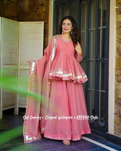 Shimmering Petal Suit Set With Eye  Catching  Gotta Patti Work