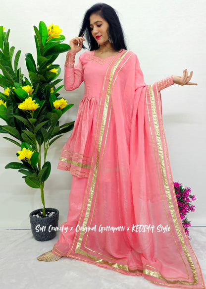 Shimmering Petal Suit Set With Eye  Catching  Gotta Patti Work