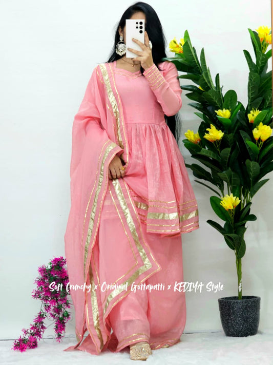 Shimmering Petal Suit Set With Eye  Catching  Gotta Patti Work