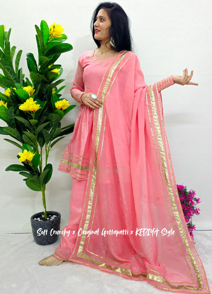 Shimmering Petal Suit Set With Eye  Catching  Gotta Patti Work