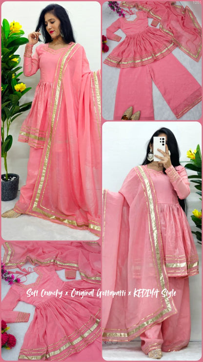 Shimmering Petal Suit Set With Eye  Catching  Gotta Patti Work