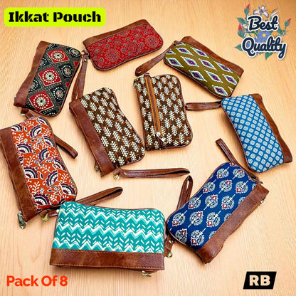 Utility Pouch – Ikkat Cotton Fabric | Travel, Makeup, Organizer & Return Gifting ( 8 Pieces )