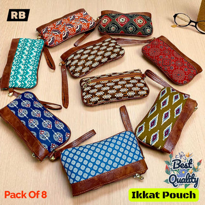 Utility Pouch – Ikkat Cotton Fabric | Travel, Makeup, Organizer & Return Gifting ( 8 Pieces )