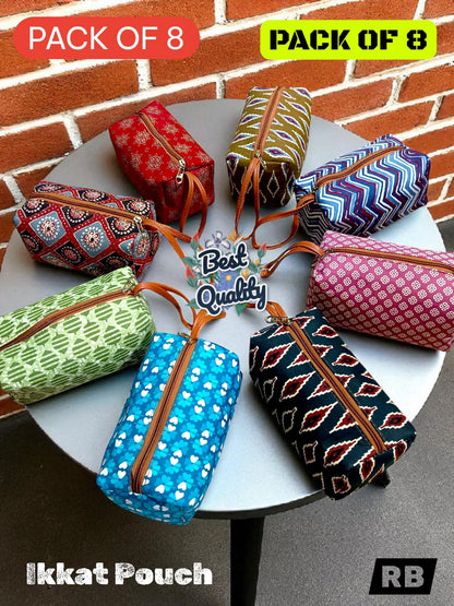 Utility Pouch – Ikkat Cotton Fabric | Travel, Makeup & Return Gifting Organizer ( 8 Pieces )