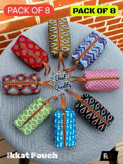 Utility Pouch – Ikkat Cotton Fabric | Travel, Makeup & Return Gifting Organizer ( 8 Pieces )