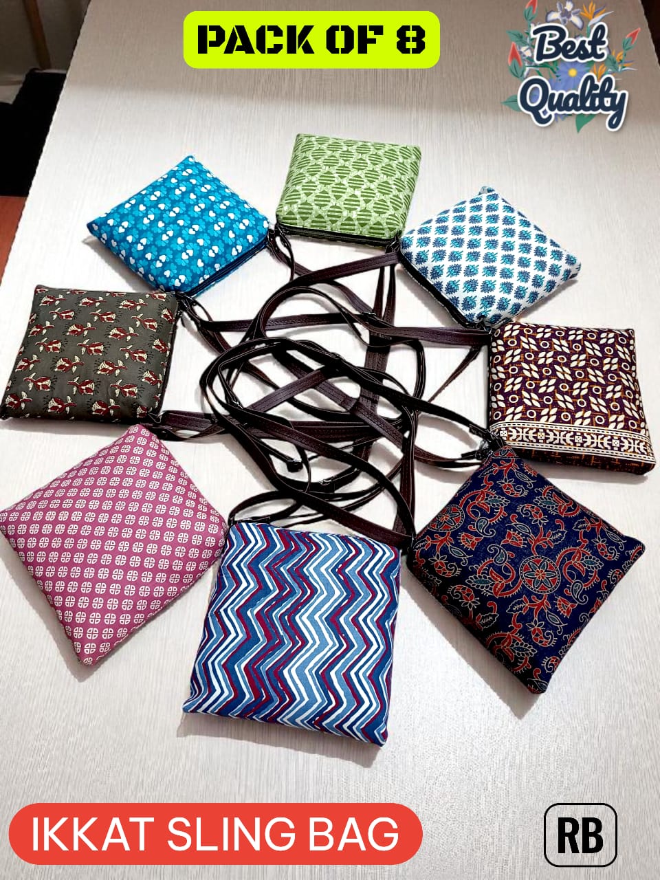 Ikkat Sling Bag – Handmade Cotton Sling with Adjustable Strap | Everyday & Return Gifting ( 8 Pieces )
