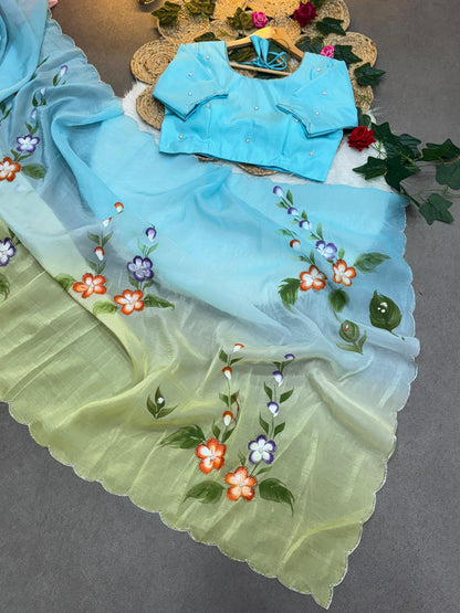 Gold Crush Hand paint Handwork Saree with Cut Dana Work & Jalpari Blouse