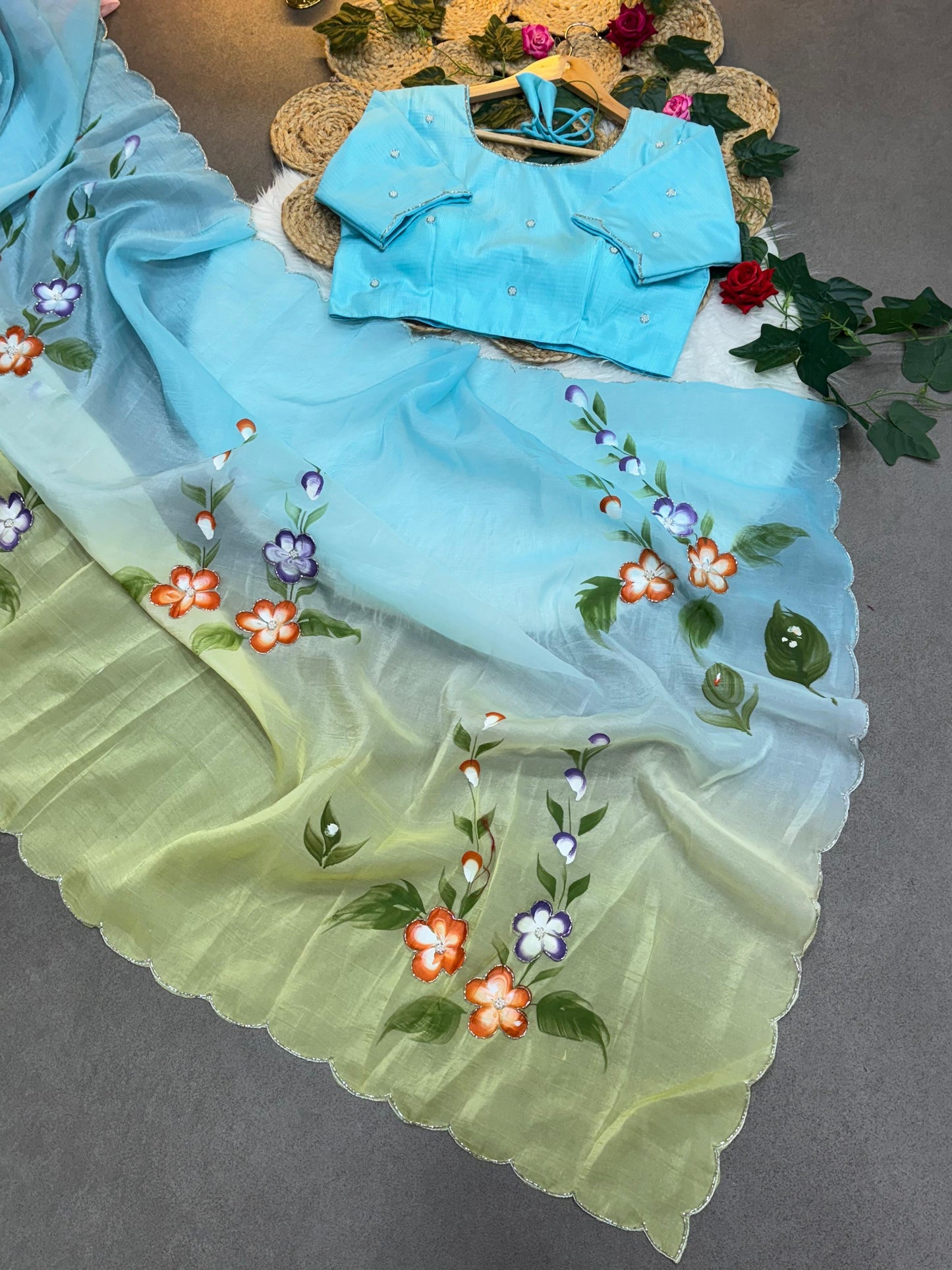 Gold Crush Hand paint Handwork Saree with Cut Dana Work & Jalpari Blouse