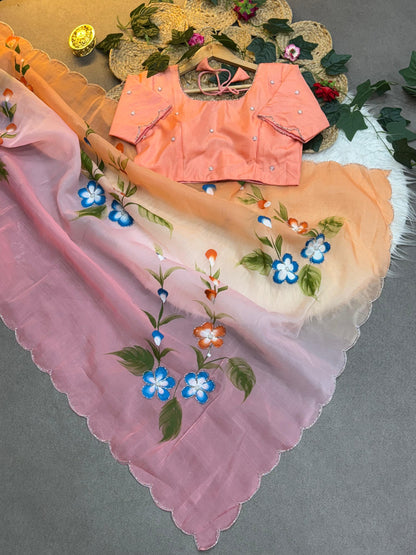 Gold Crush Hand paint Handwork Saree with Cut Dana Work & Jalpari Blouse