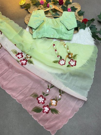 Gold Crush Hand paint Handwork Saree with Cut Dana Work & Jalpari Blouse