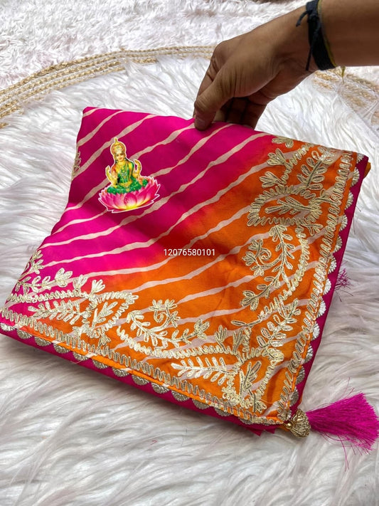 New Launching Soft Chinon Silk Leheriya Saree – Heavy C-Pallu with Ribbon Gota & Butti Work