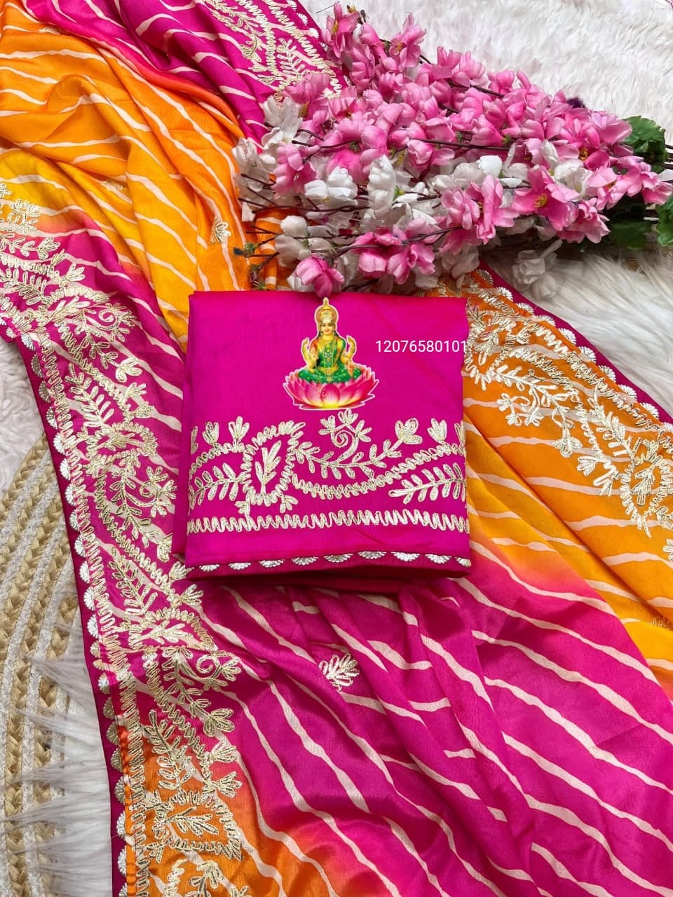 New Launching Soft Chinon Silk Leheriya Saree – Heavy C-Pallu with Ribbon Gota & Butti Work