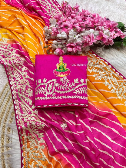 New Launching Soft Chinon Silk Leheriya Saree – Heavy C-Pallu with Ribbon Gota & Butti Work
