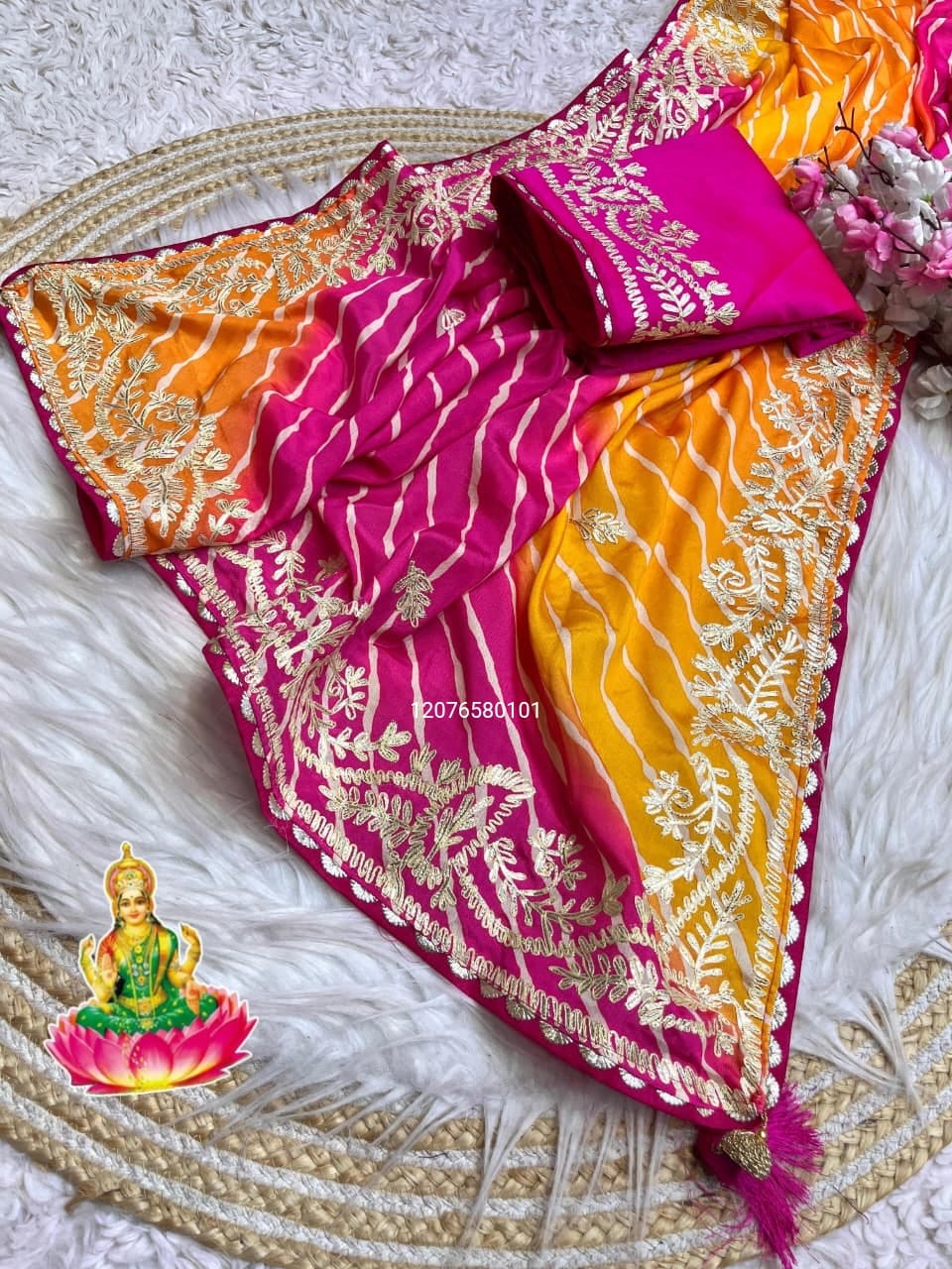 New Launching Soft Chinon Silk Leheriya Saree – Heavy C-Pallu with Ribbon Gota & Butti Work