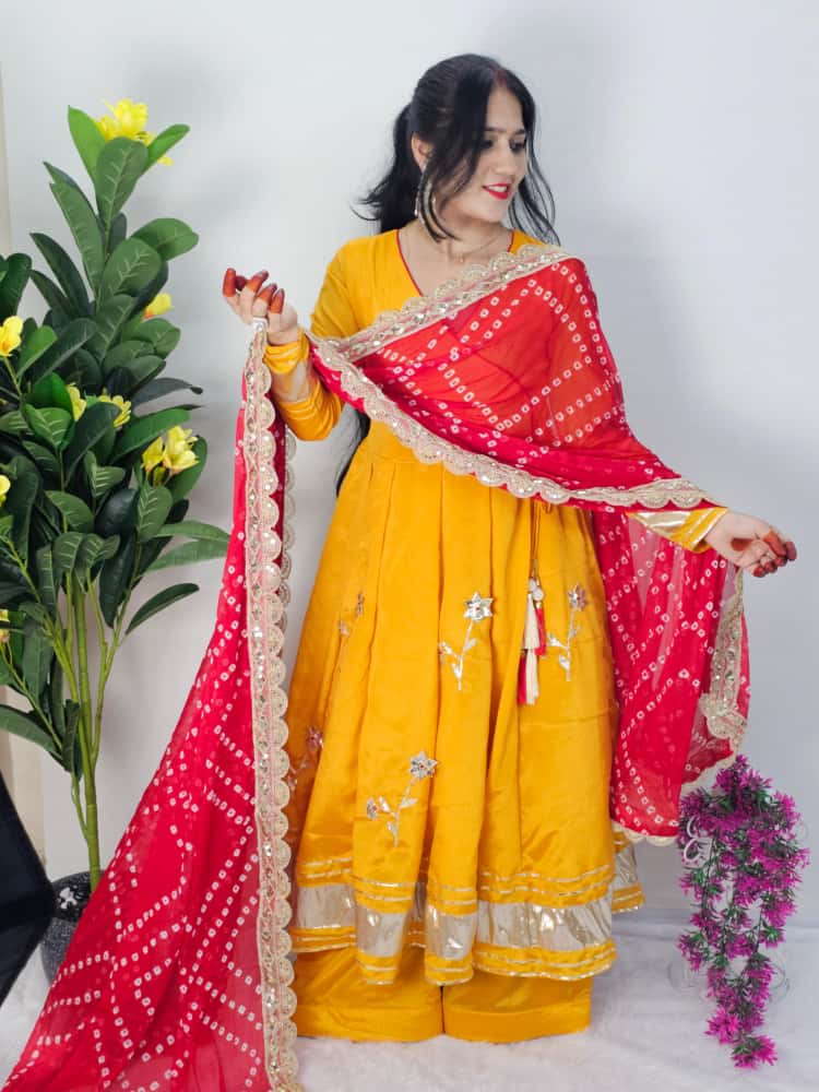 ✨ Premium Handmade Anarkali Plazzo Set with Bandhani Dupatta | Festive Wear Chinon Suit (Code: 1207)