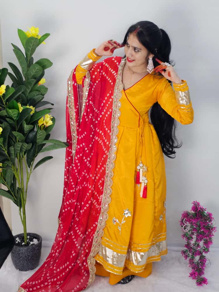 ✨ Premium Handmade Anarkali Plazzo Set with Bandhani Dupatta | Festive Wear Chinon Suit (Code: 1207)