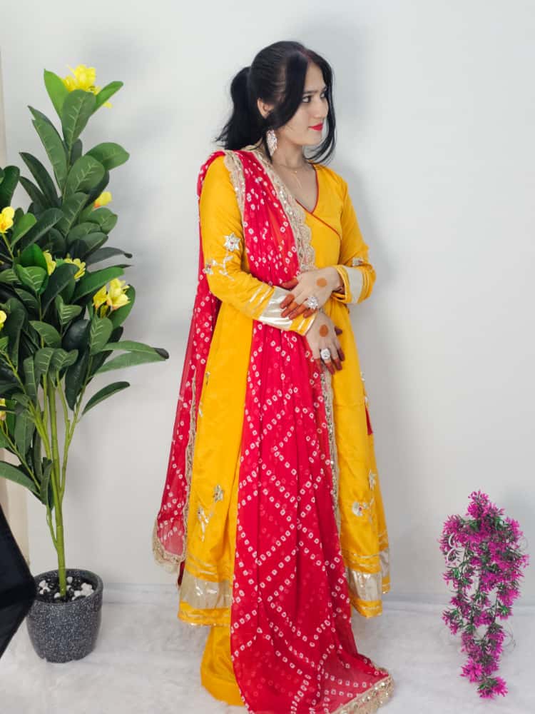✨ Premium Handmade Anarkali Plazzo Set with Bandhani Dupatta | Festive Wear Chinon Suit (Code: 1207)