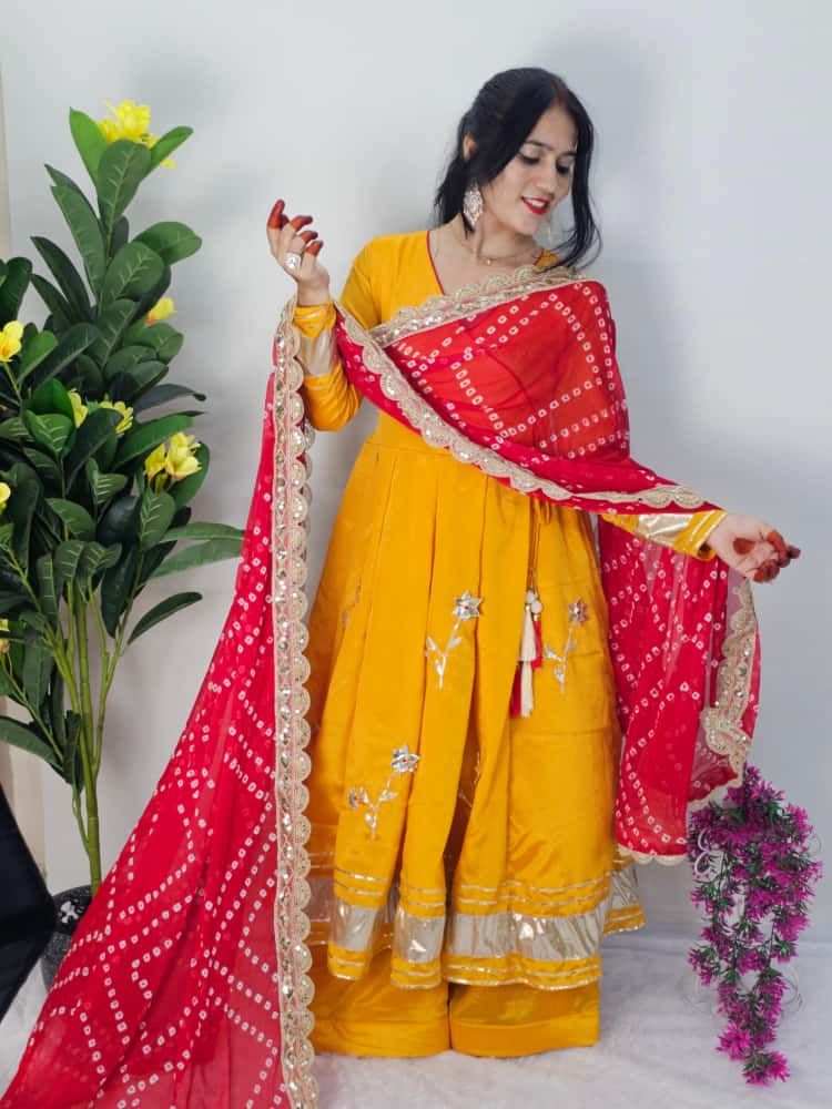 ✨ Premium Handmade Anarkali Plazzo Set with Bandhani Dupatta | Festive Wear Chinon Suit (Code: 1207)