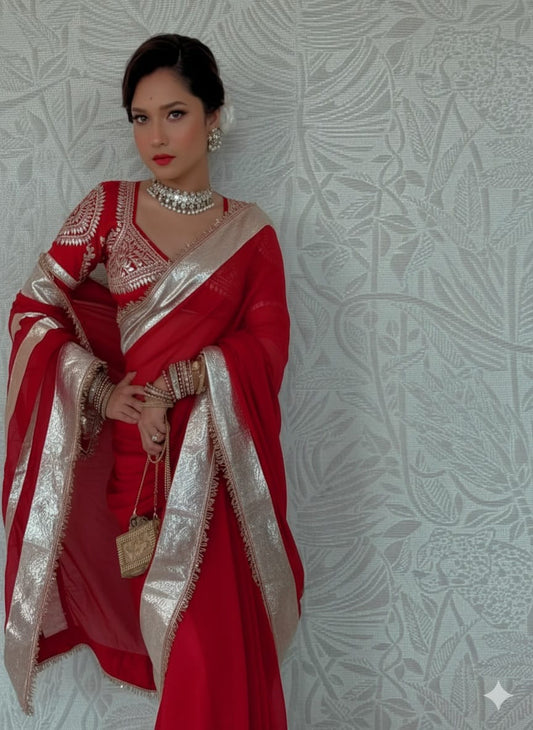 Premium Ankita Lokhande Saree | Hand Charkhi Gotta Patti Work | Fully Stitched Blouse | Soft Georgette Saree