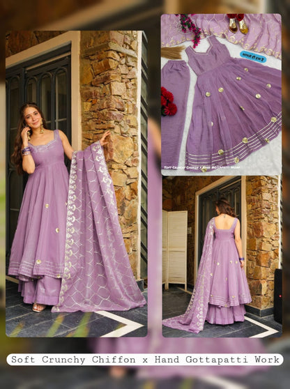 Real Modeling Superhit Anarkali Plazzo Set – Soft Crunchy Chiffon | Hand Gotta Patti Work | Premium Festive Wear for Women