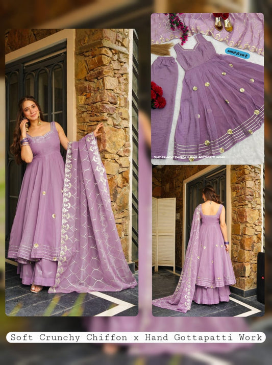Real Modeling Superhit Anarkali Plazzo Set – Soft Crunchy Chiffon | Hand Gotta Patti Work | Premium Festive Wear for Women
