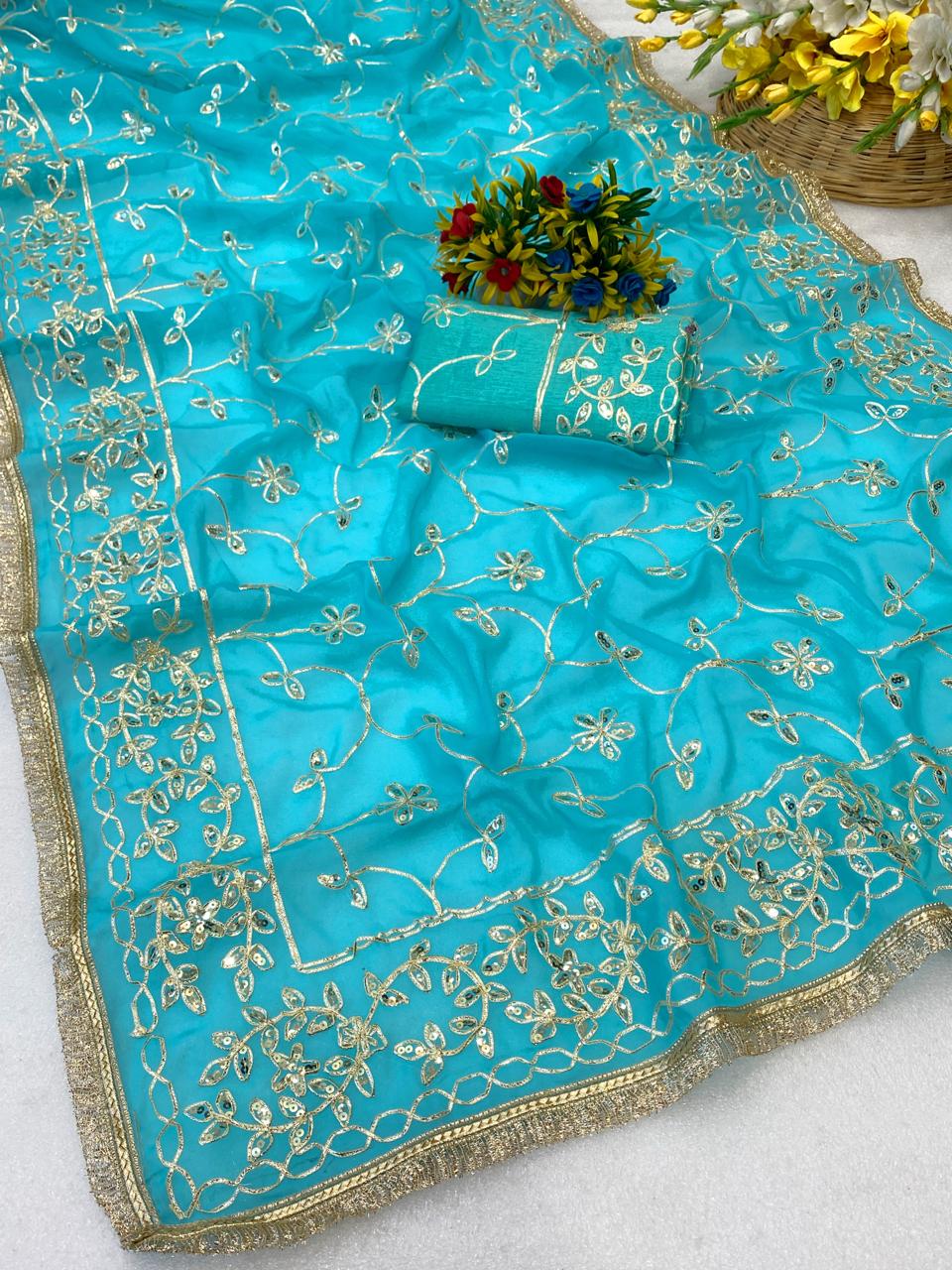 Maharani Jaal Gota Ribbon Work Georgette Saree With Sabhyasachi Lace