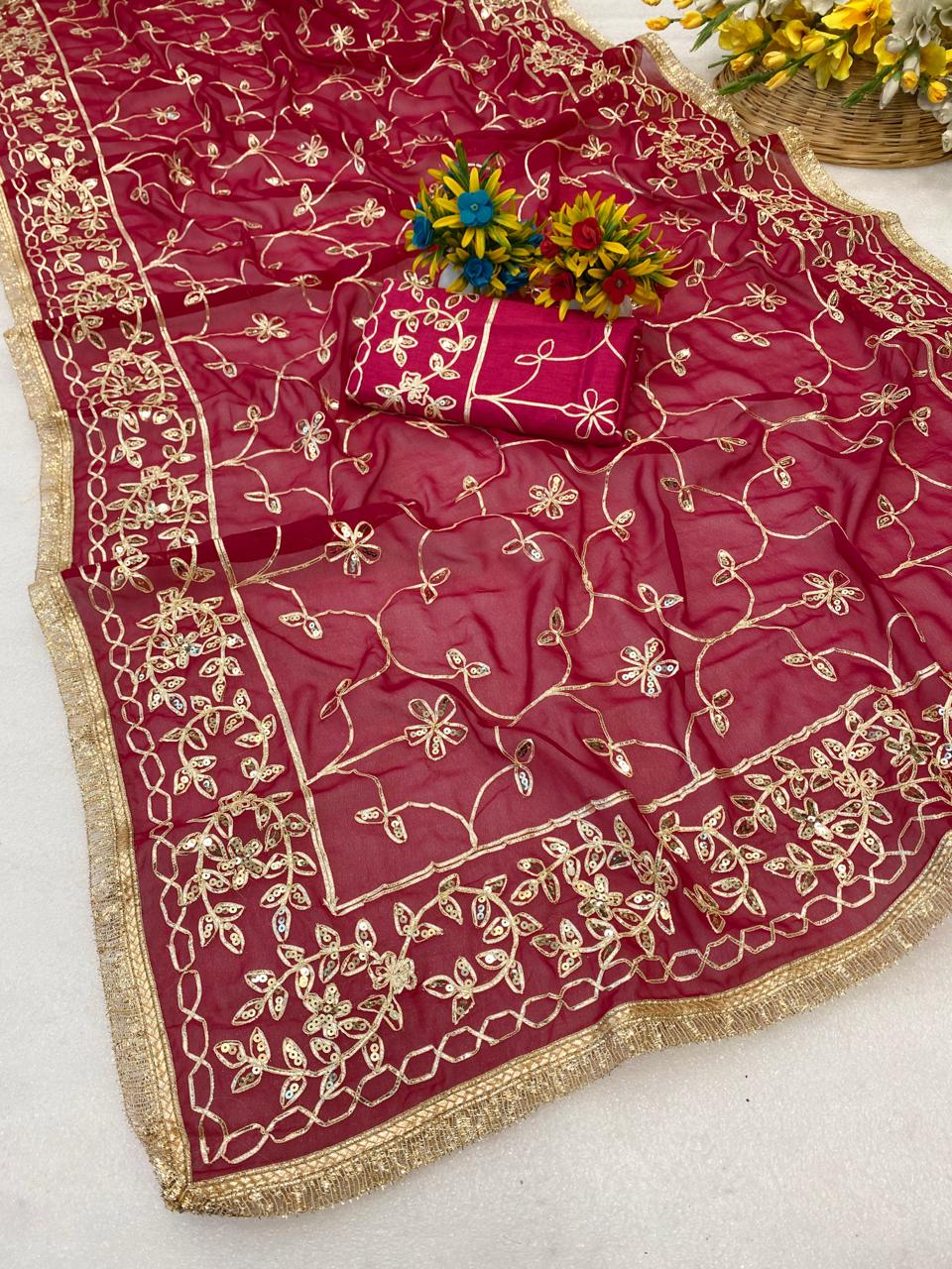 Maharani Jaal Gota Ribbon Work Georgette Saree With Sabhyasachi Lace