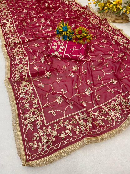 Maharani Jaal Gota Ribbon Work Georgette Saree With Sabhyasachi Lace