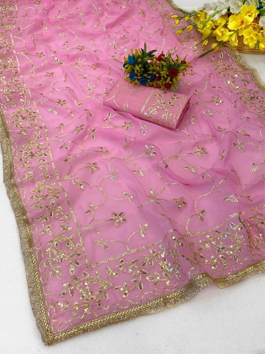 Maharani Jaal Gota Ribbon Work Georgette Saree With Sabhyasachi Lace