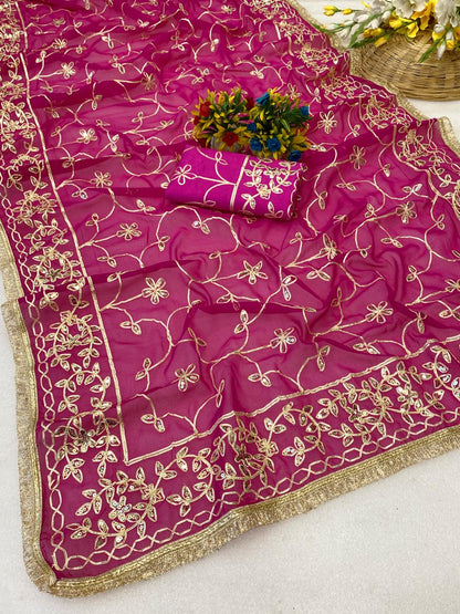 Maharani Jaal Gota Ribbon Work Georgette Saree With Sabhyasachi Lace