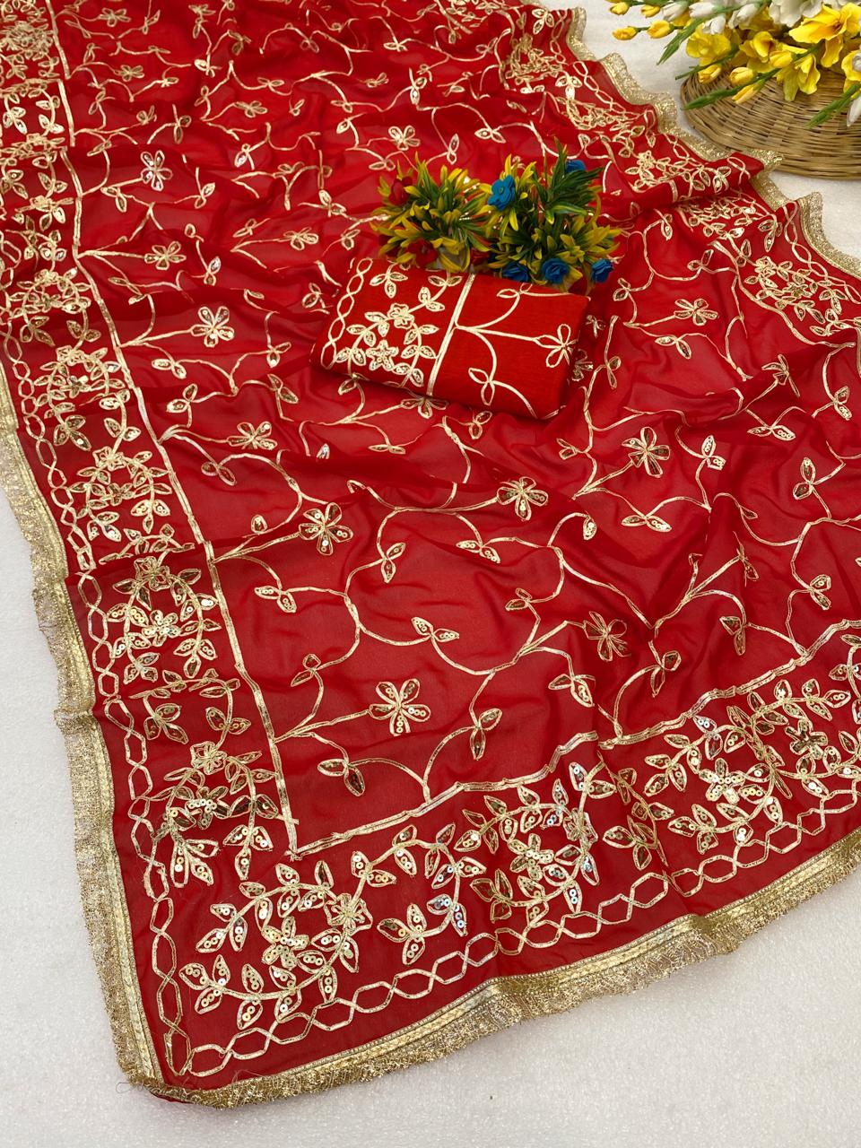 Maharani Jaal Gota Ribbon Work Georgette Saree With Sabhyasachi Lace
