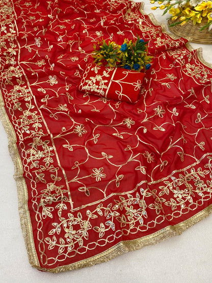 Maharani Jaal Gota Ribbon Work Georgette Saree With Sabhyasachi Lace