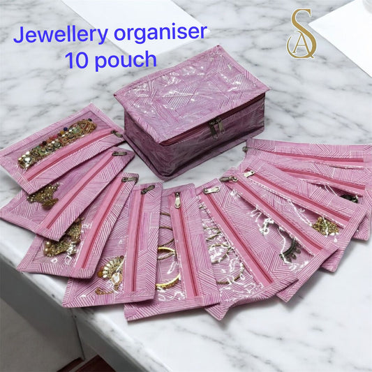 Jewellery Organizer Box with 10 Transparent Pouches – Makeup & Cosmetic Storage Travel Pouch